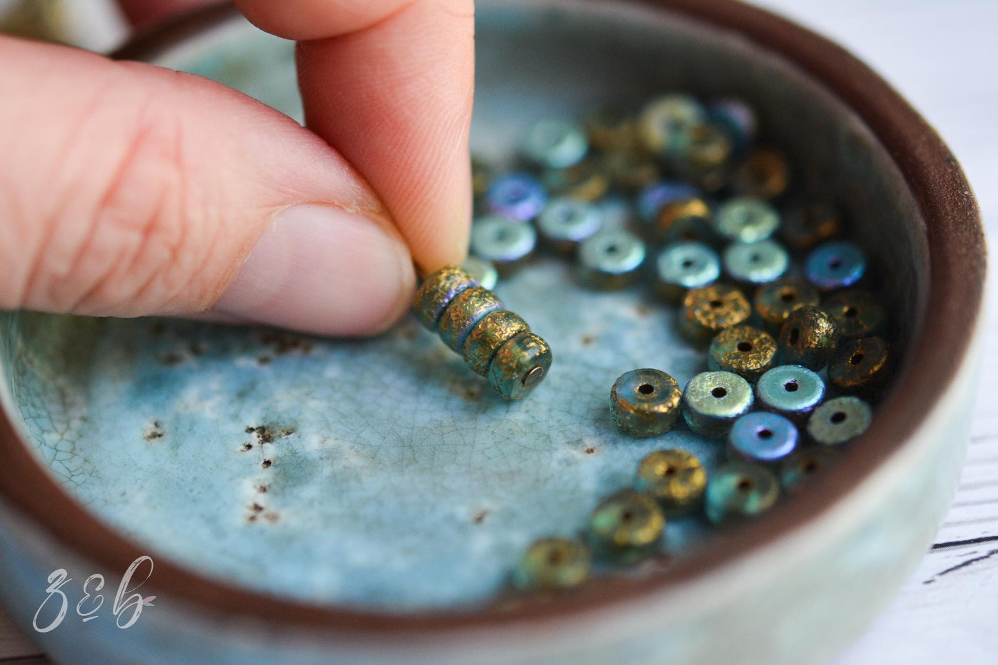 30 Translucent Baby Blue, Etched Metallic Gold, Aurora Borealis Finish, Premium Czech Glass, Heishi Beads 3x6mm.