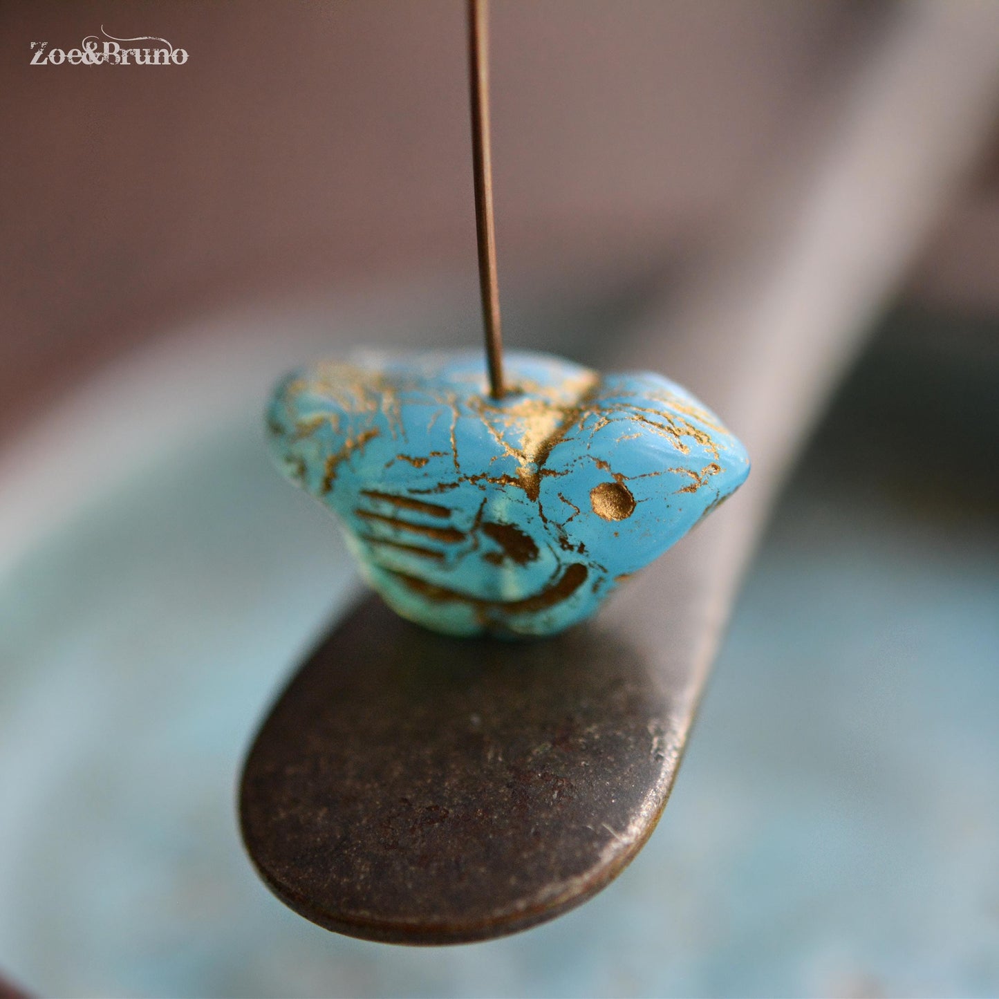 2 Semi-Transparent Sky Blue, Metallic Gold Wash, Premium Czech Glass, Bird Beads 11x22mm