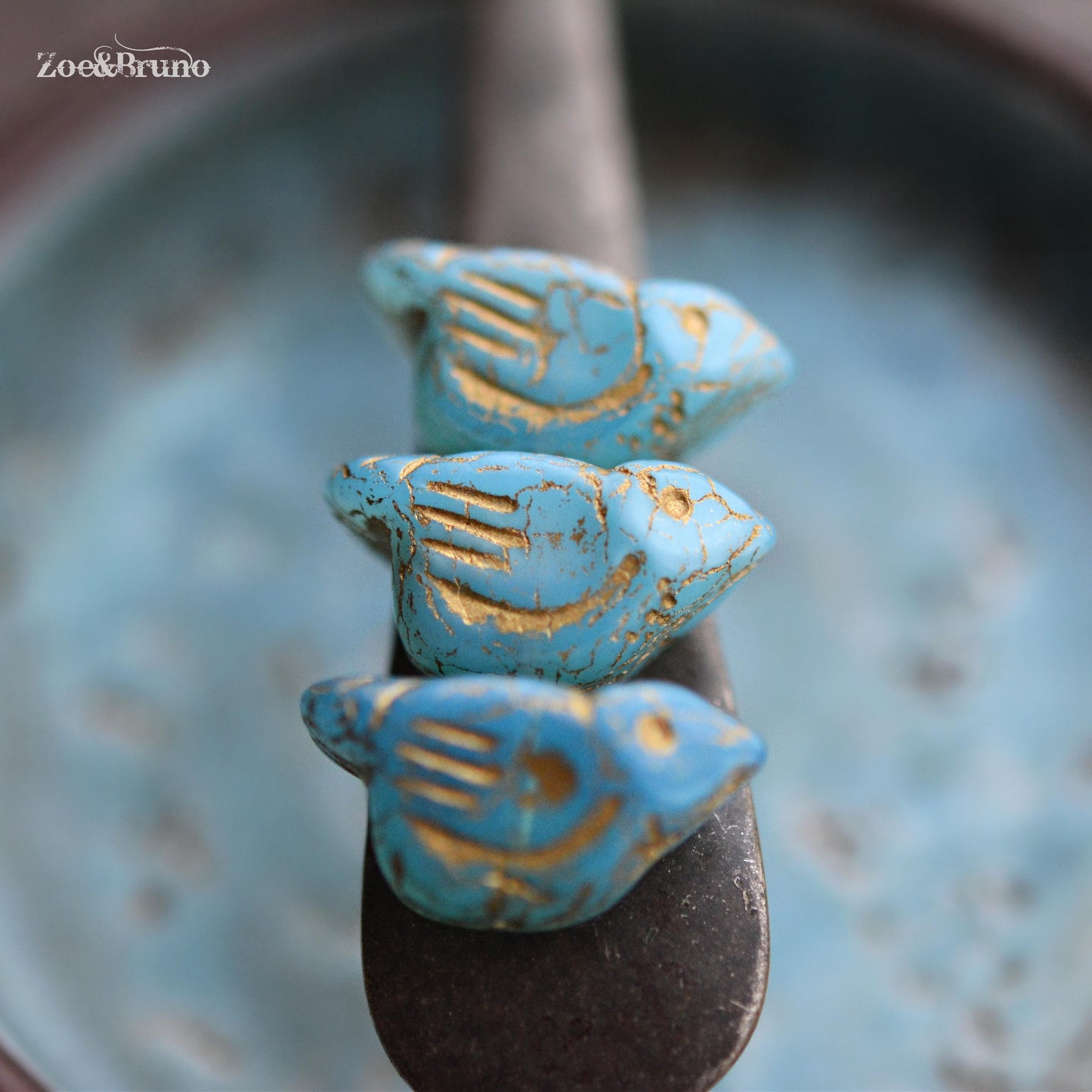 2 Semi-Transparent Sky Blue, Metallic Gold Wash, Premium Czech Glass, Bird Beads 11x22mm