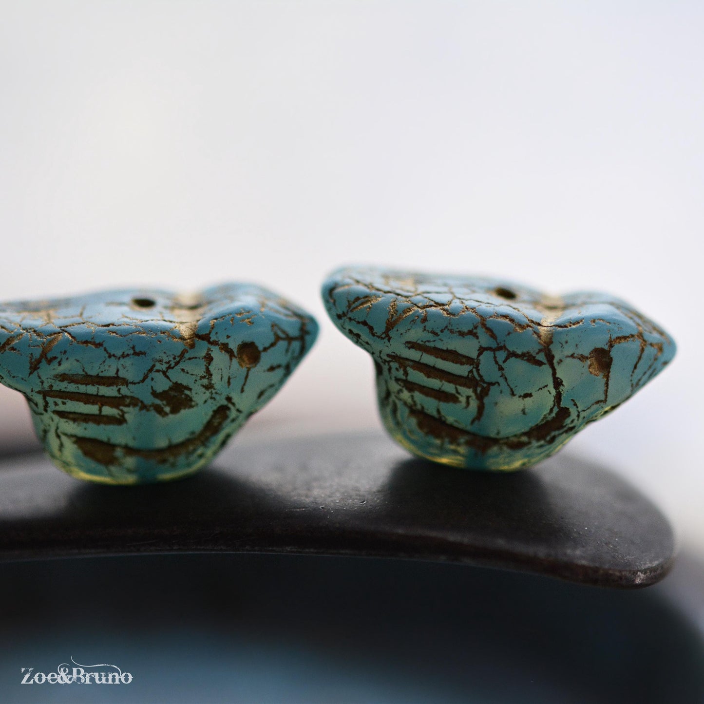 2 Semi-Transparent Sky Blue, Metallic Gold Wash, Premium Czech Glass, Bird Beads 11x22mm