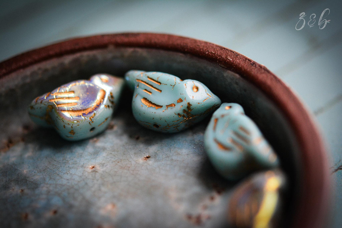 2 Opaque Baby Blue, Aurora Borealis, Metallic Gold Wash, Premium Czech Glass, Bird Beads 11x22mm