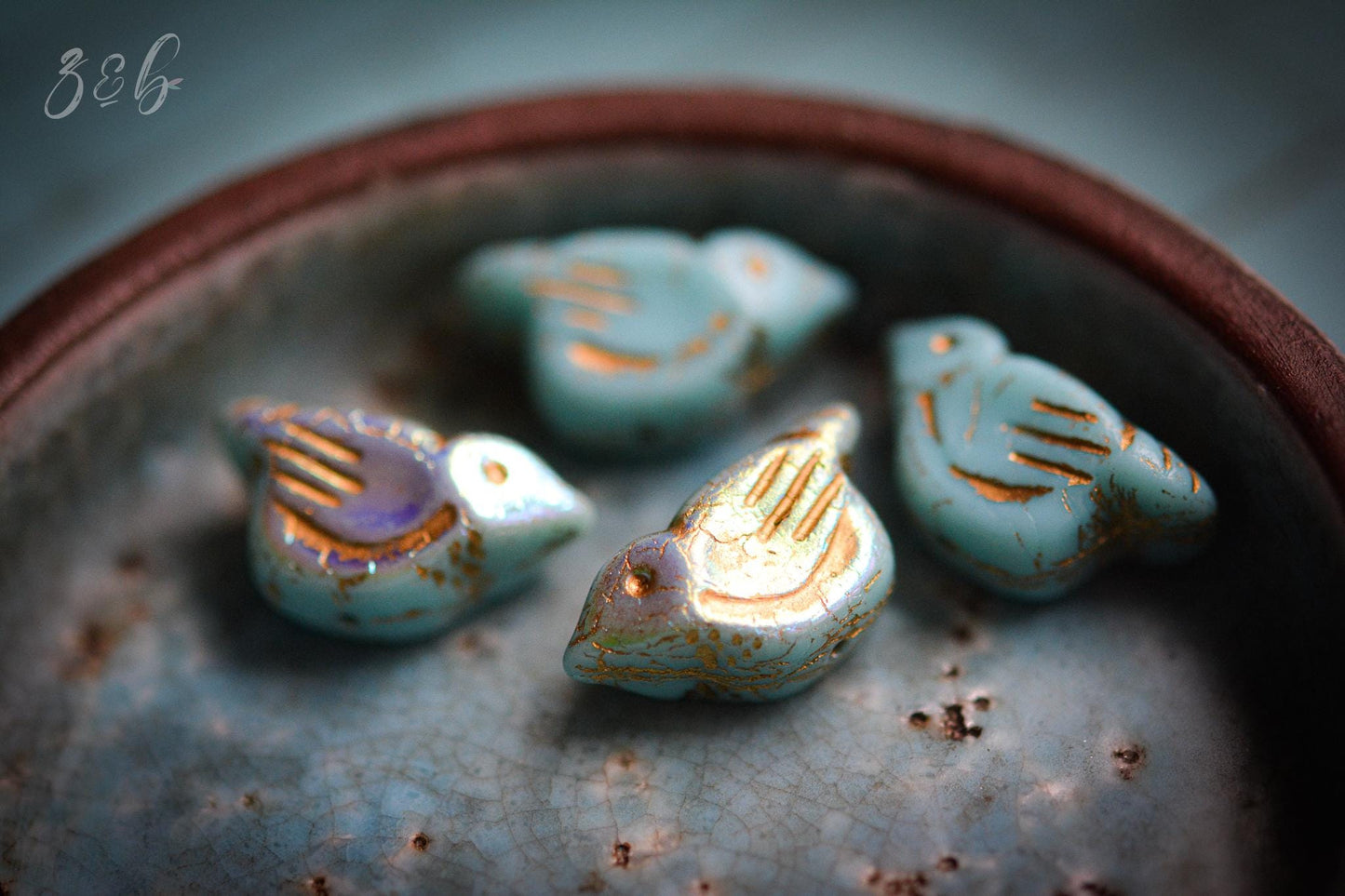 2 Opaque Baby Blue, Aurora Borealis, Metallic Gold Wash, Premium Czech Glass, Bird Beads 11x22mm