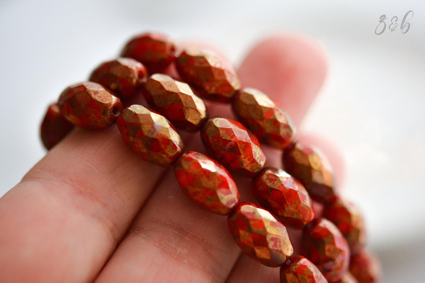 6 Burnt Orange, Red, Metallic Gold Luster, Faceted Oval Beads 12x8mm