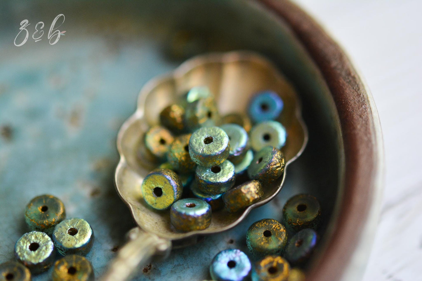 30 Translucent Baby Blue, Etched Metallic Gold, Aurora Borealis Finish, Premium Czech Glass, Heishi Beads 3x6mm.