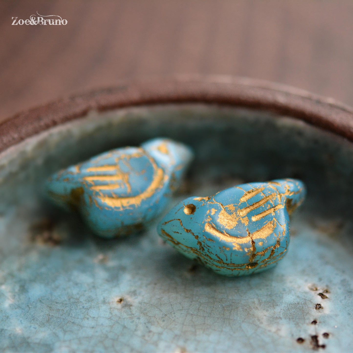 2 Semi-Transparent Sky Blue, Metallic Gold Wash, Premium Czech Glass, Bird Beads 11x22mm