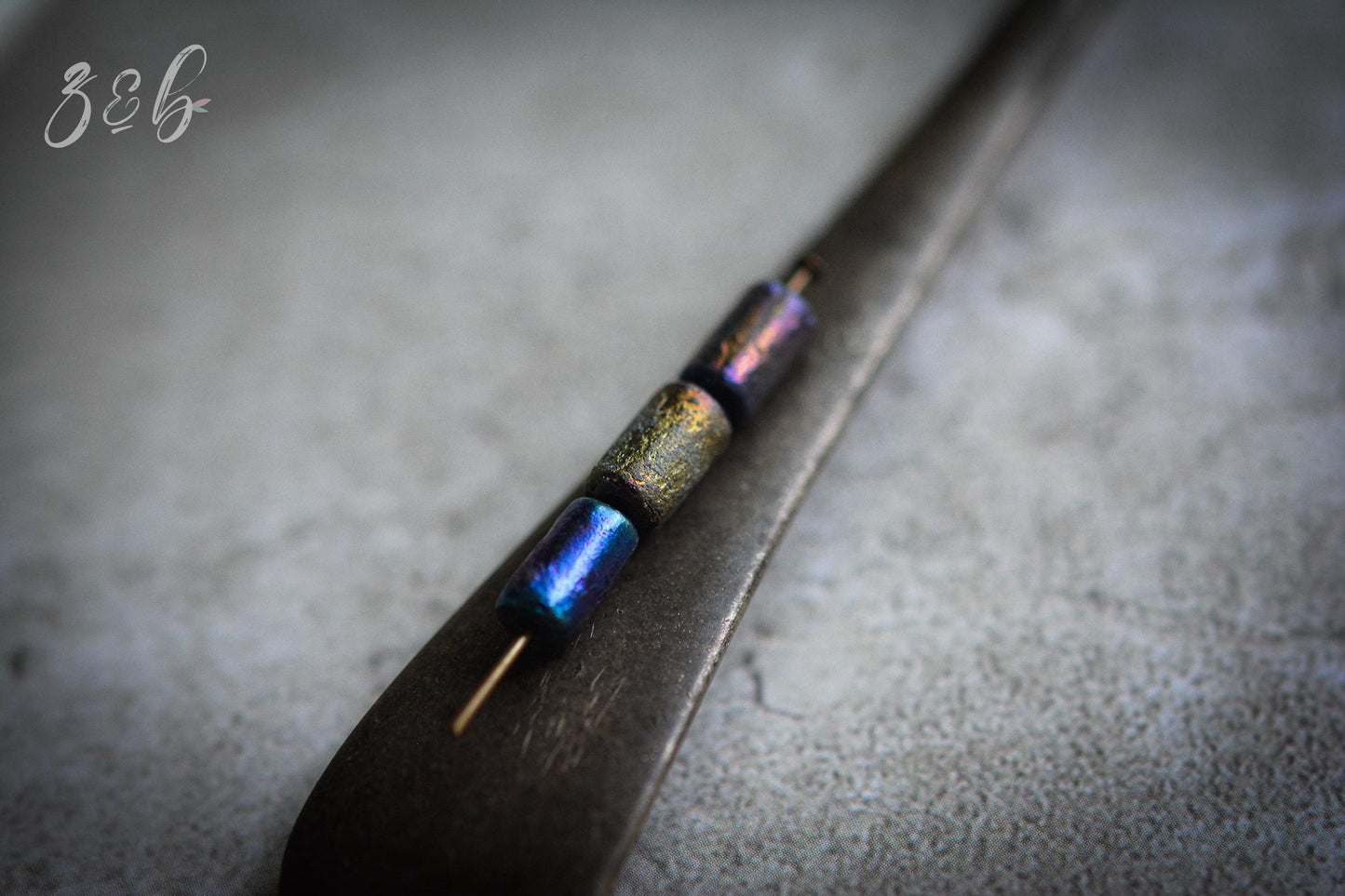 12 Opaque Black, Etched Metalic Gold, Metallic Purple Luster, Premium Czech Glass, Tube Beads 9x5mm
