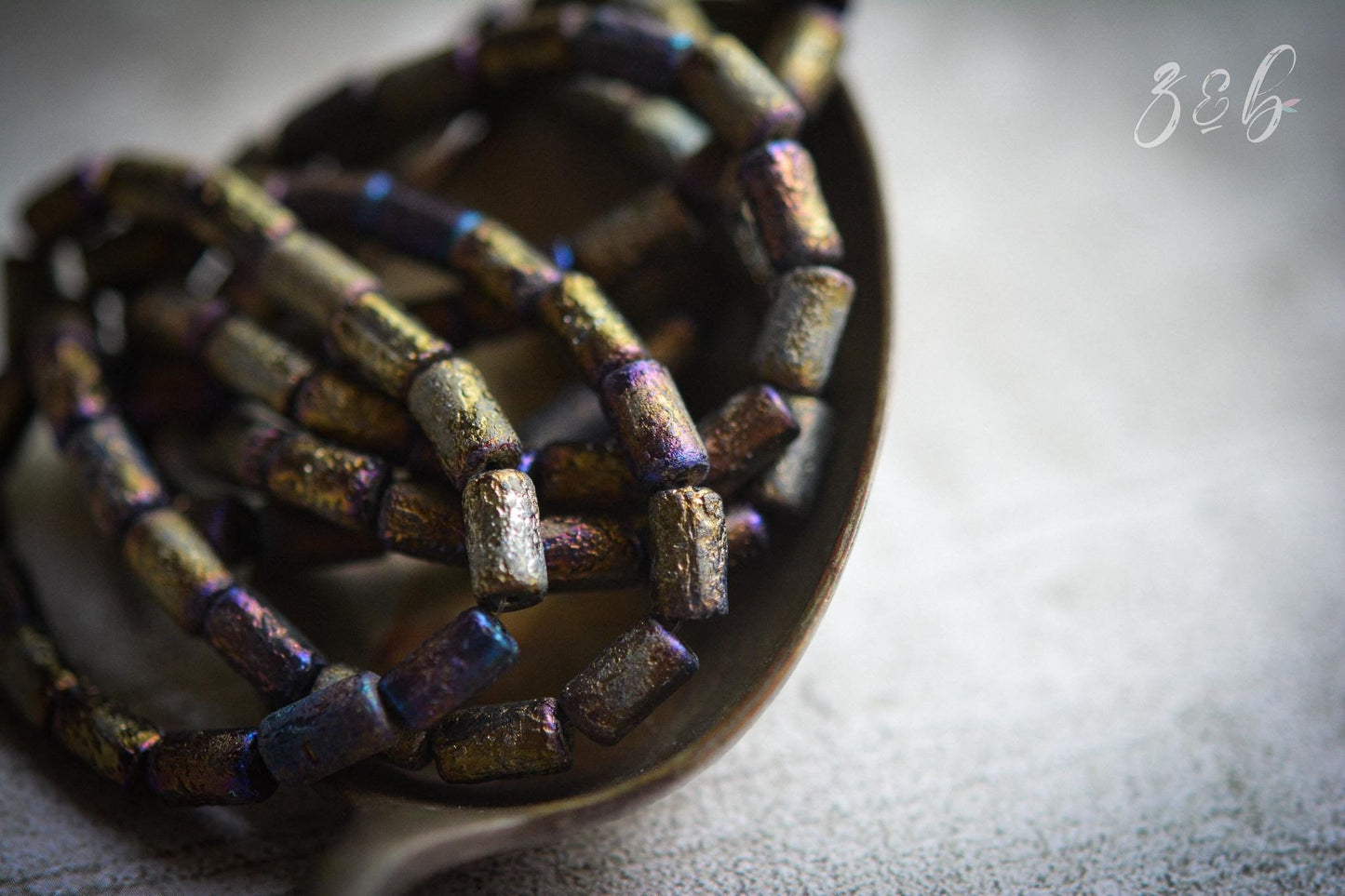 12 Opaque Black, Etched Metalic Gold, Metallic Purple Luster, Premium Czech Glass, Tube Beads 9x5mm
