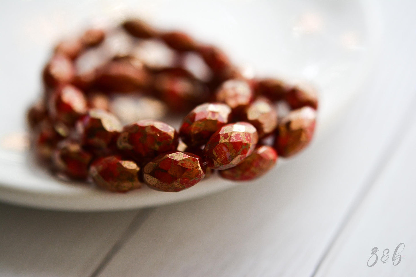 6 Burnt Orange, Red, Metallic Gold Luster, Faceted Oval Beads 12x8mm