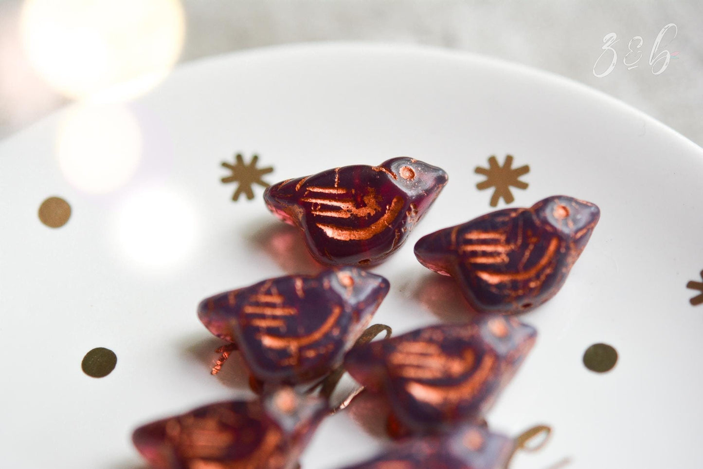 2 Early Bird - Premium Czech Glass, Milky Rosewood, Metallic Copper Wash, Bird Beads 11x22mm