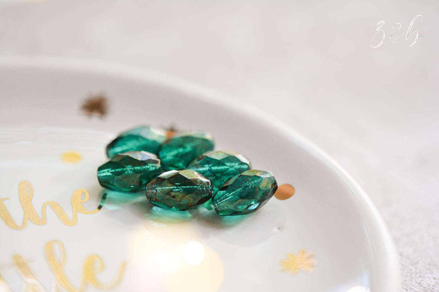 6 Transparent Emerald, Metallic Gold Luster, Premium Czech Glass, Faceted Oval Beads 12x8mm