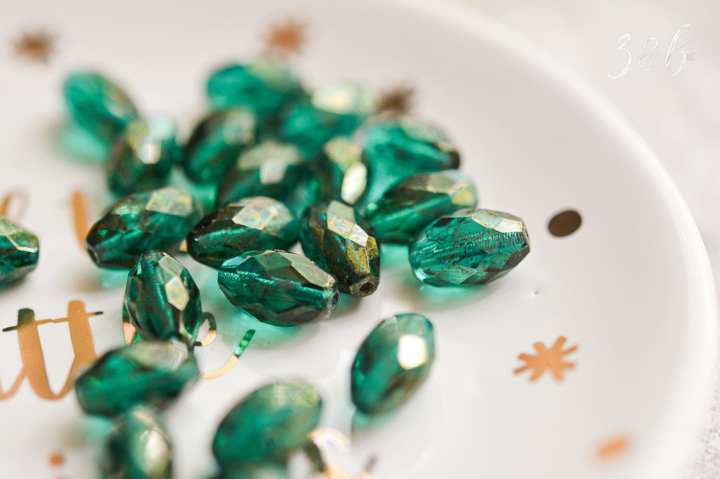 6 Transparent Emerald, Metallic Gold Luster, Premium Czech Glass, Faceted Oval Beads 12x8mm