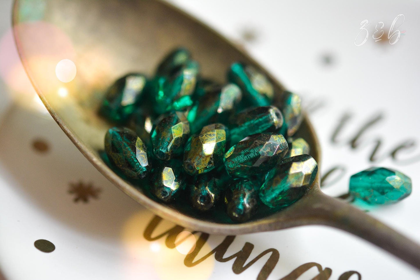 6 Transparent Emerald, Metallic Gold Luster, Premium Czech Glass, Faceted Oval Beads 12x8mm
