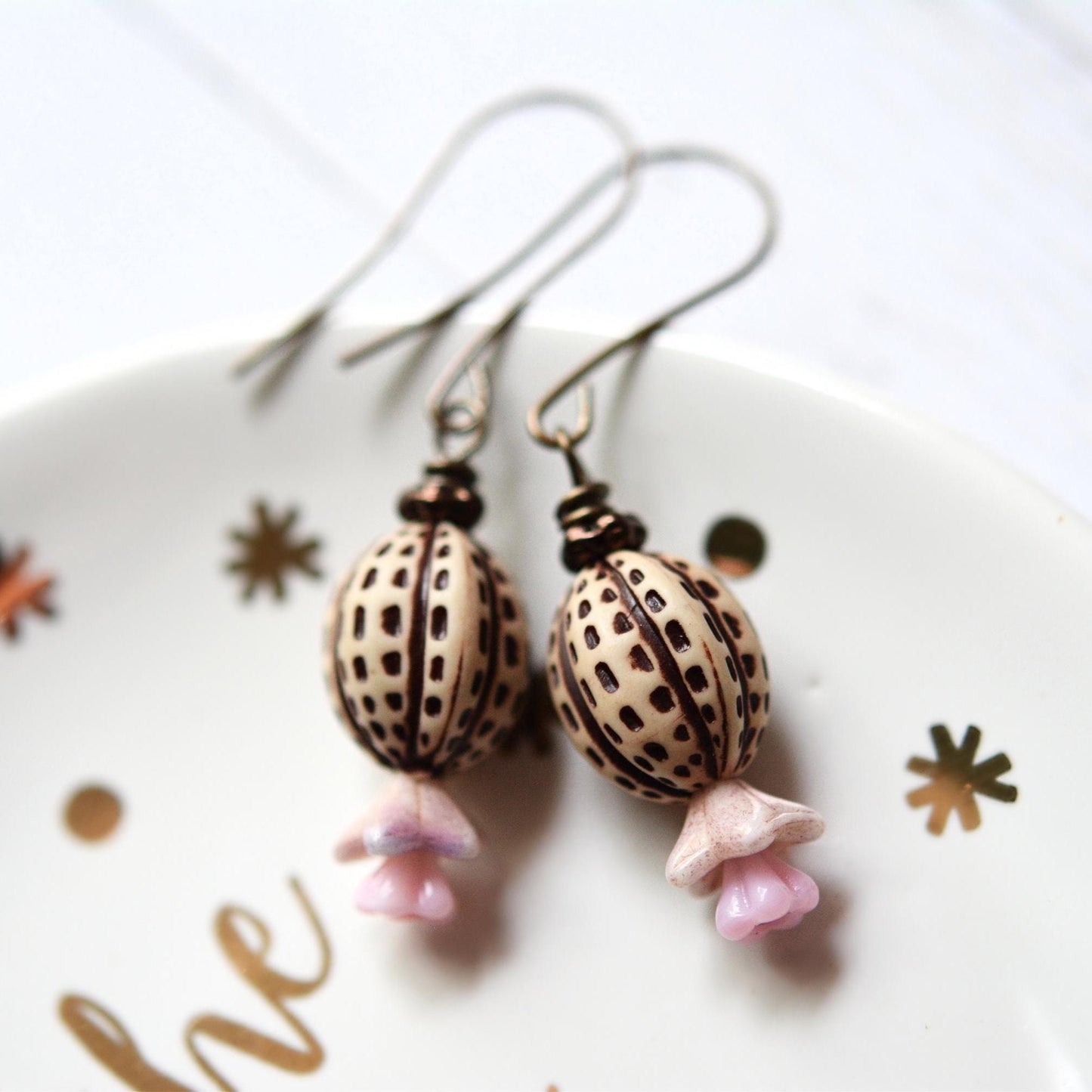 Two Peas In A Pod Handmade Earrings - Nickel Free, Lead Free Brass, Vintage Lucite, Czech Glass Beads