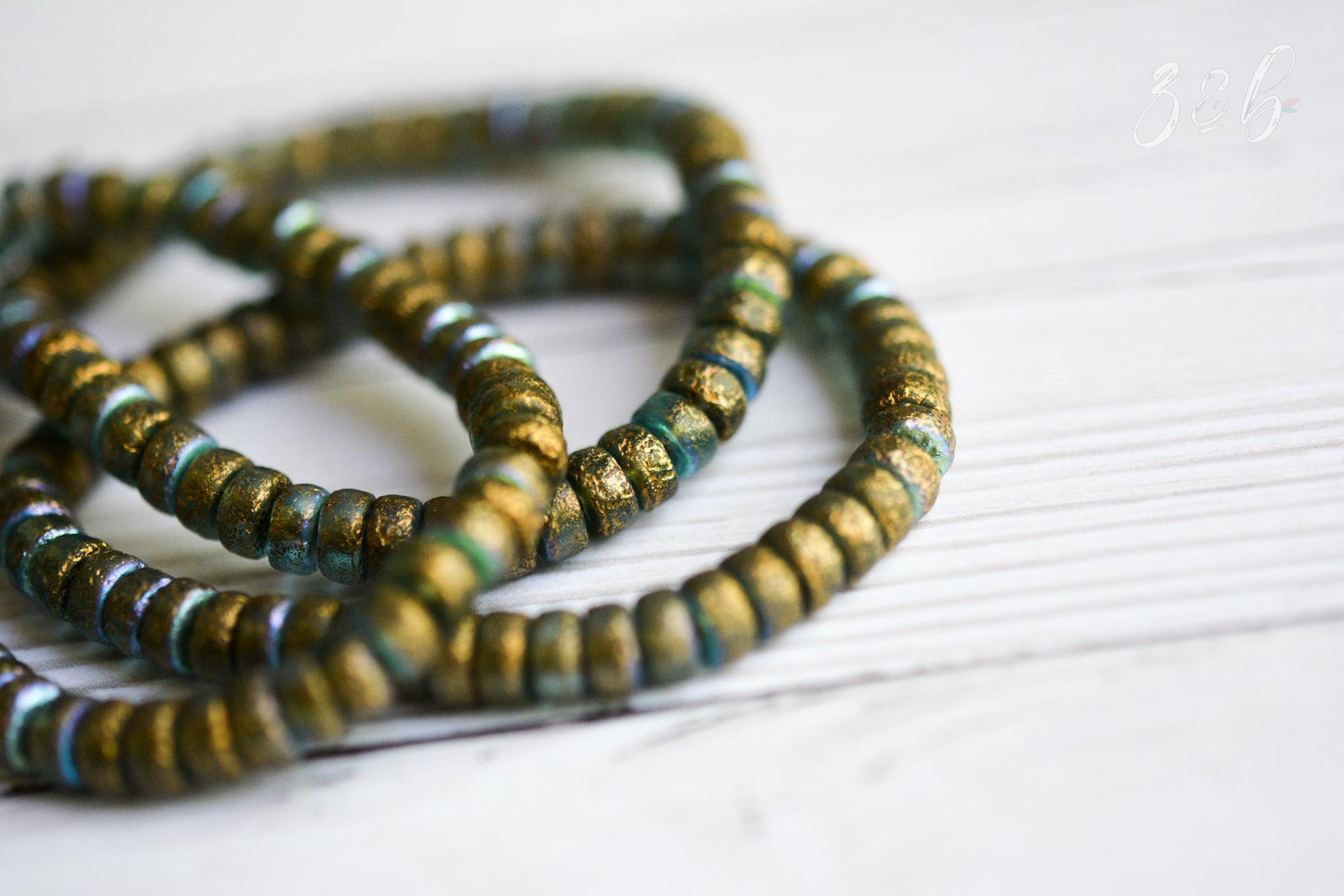 30 Translucent Baby Blue, Etched Metallic Gold, Aurora Borealis Finish, Premium Czech Glass, Heishi Beads 3x6mm.