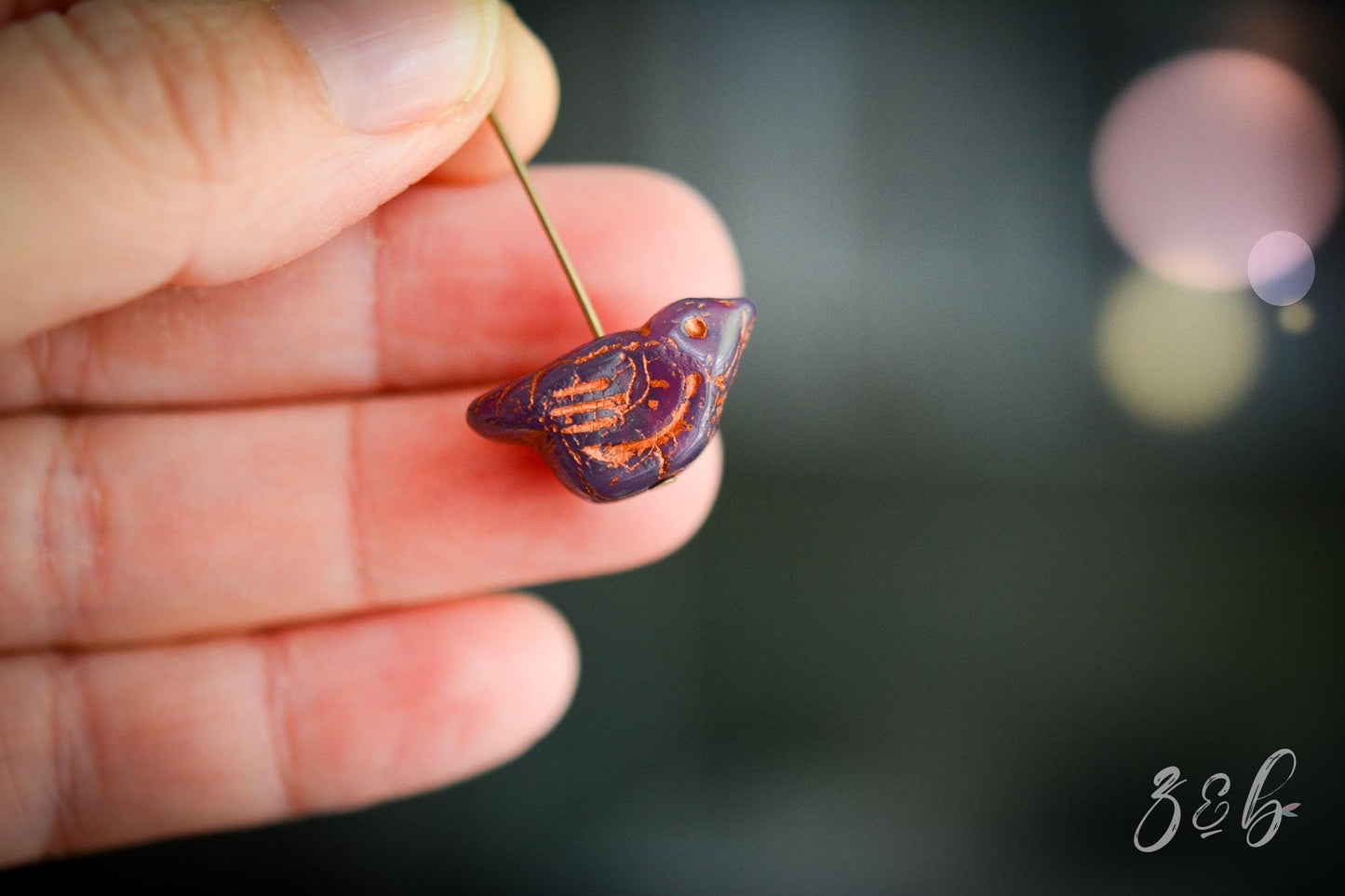 2 Early Bird - Premium Czech Glass, Milky Rosewood, Metallic Copper Wash, Bird Beads 11x22mm