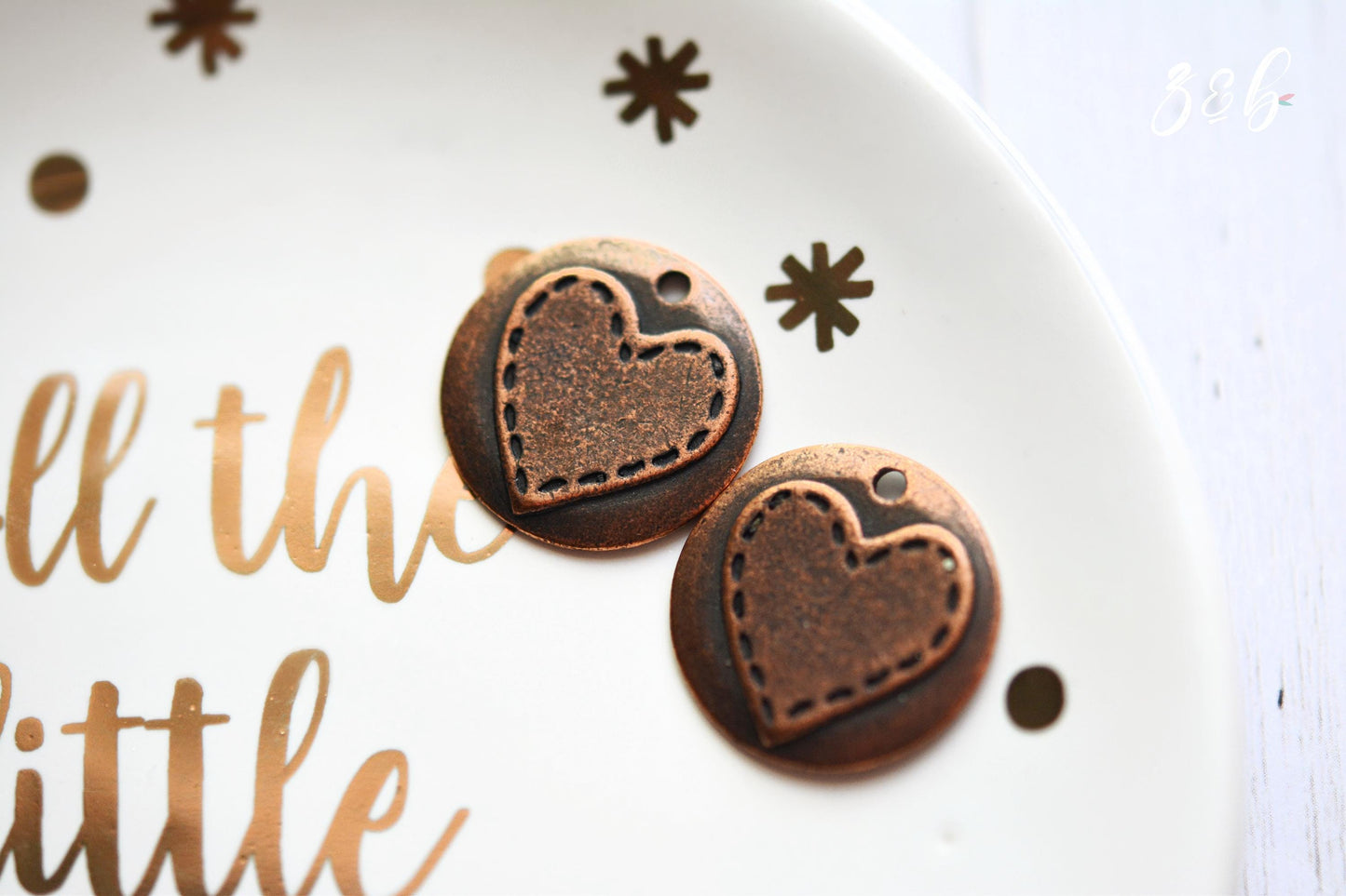 2 Vintaj, Stitched Heart, Copper, Antique Plated, Nickel Free Lead Free, Charm - 20mm