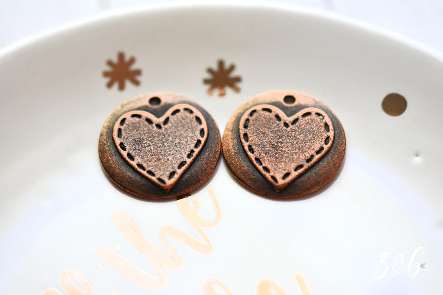 2 Vintaj, Stitched Heart, Copper, Antique Plated, Nickel Free Lead Free, Charm - 20mm