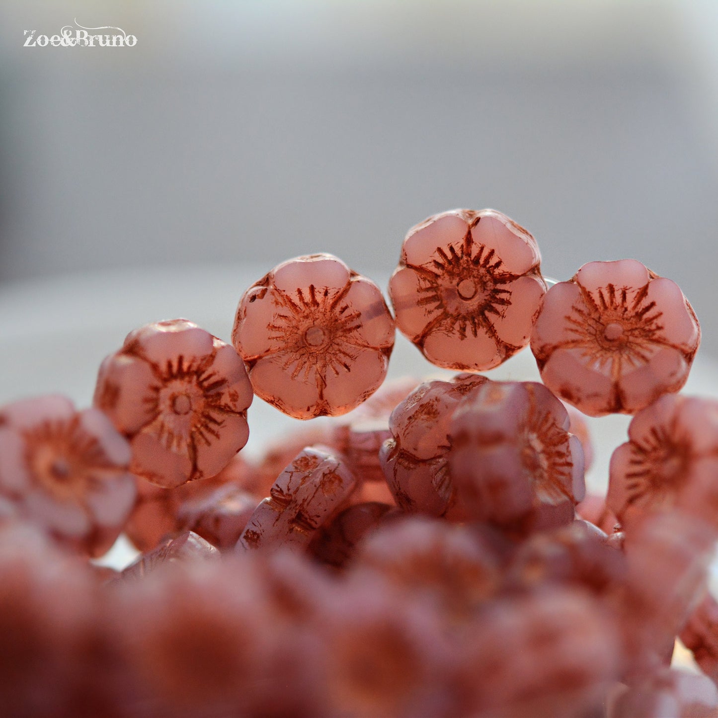 6 Semi-Opaque, Dusty Rose, Metallic Copper Wash, Premium Czech Glass, Hibiscus Flower Beads 12mm