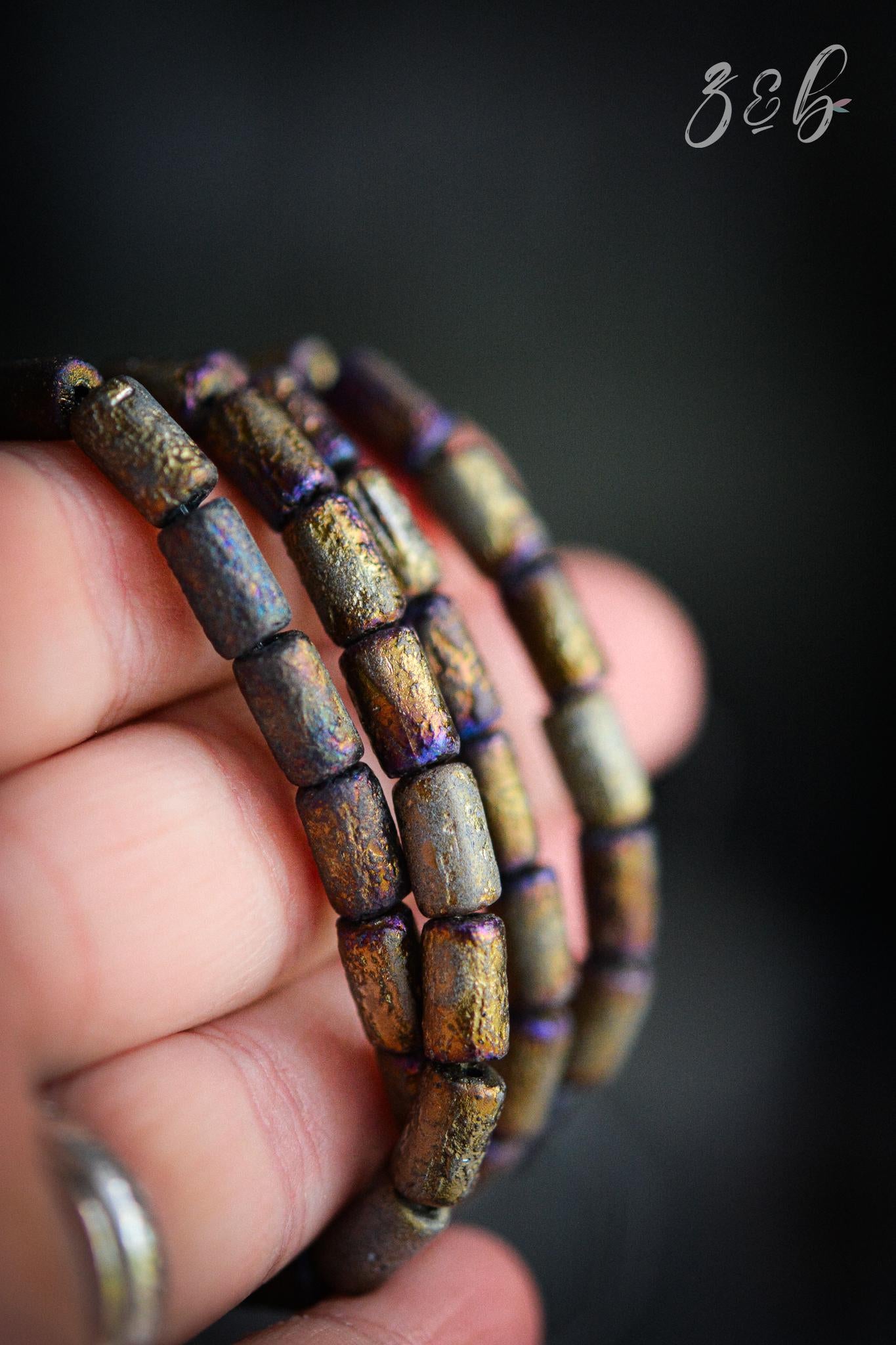 12 Opaque Black, Etched Metalic Gold, Metallic Purple Luster, Premium Czech Glass, Tube Beads 9x5mm