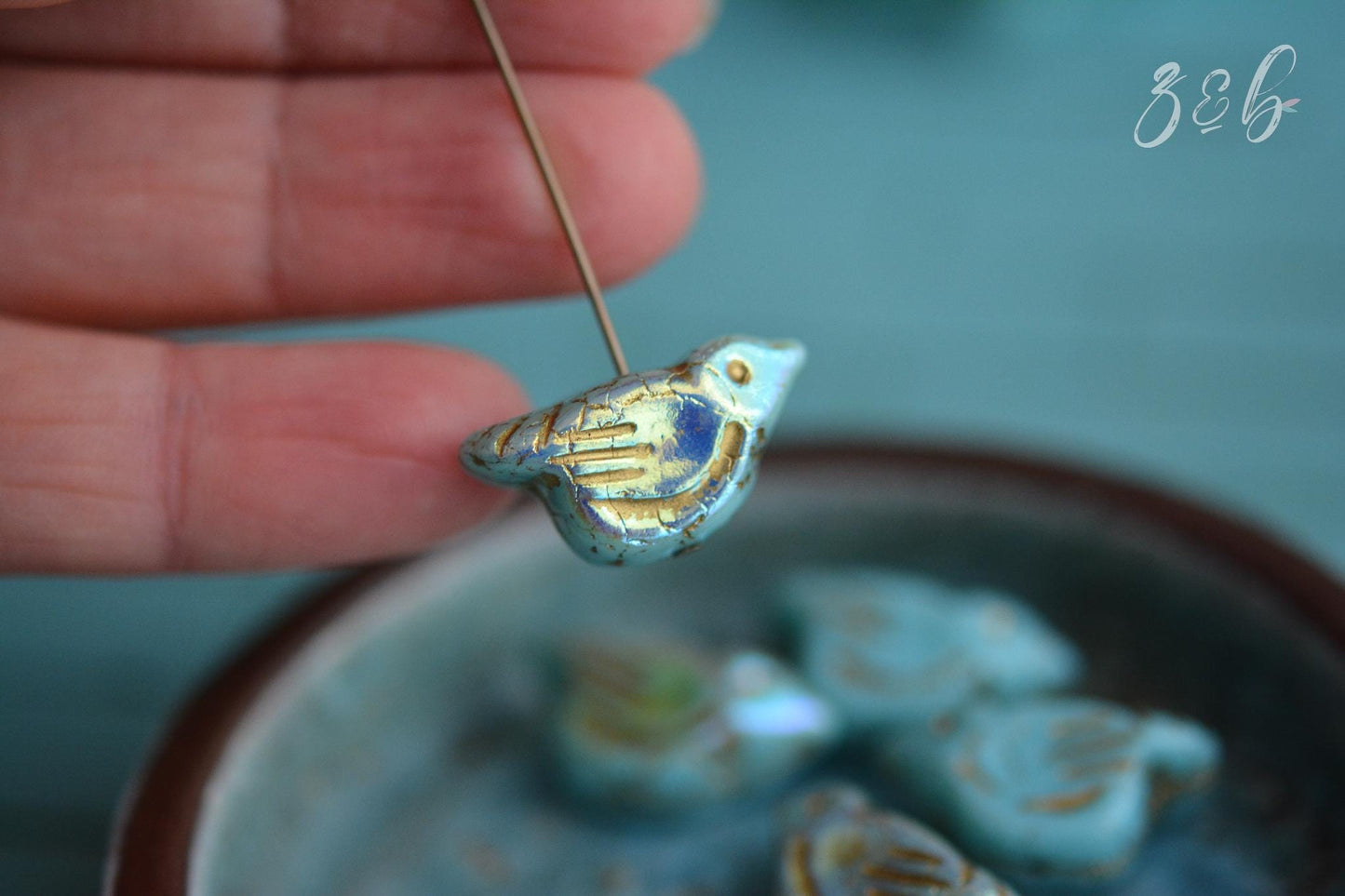2 Opaque Baby Blue, Aurora Borealis, Metallic Gold Wash, Premium Czech Glass, Bird Beads 11x22mm