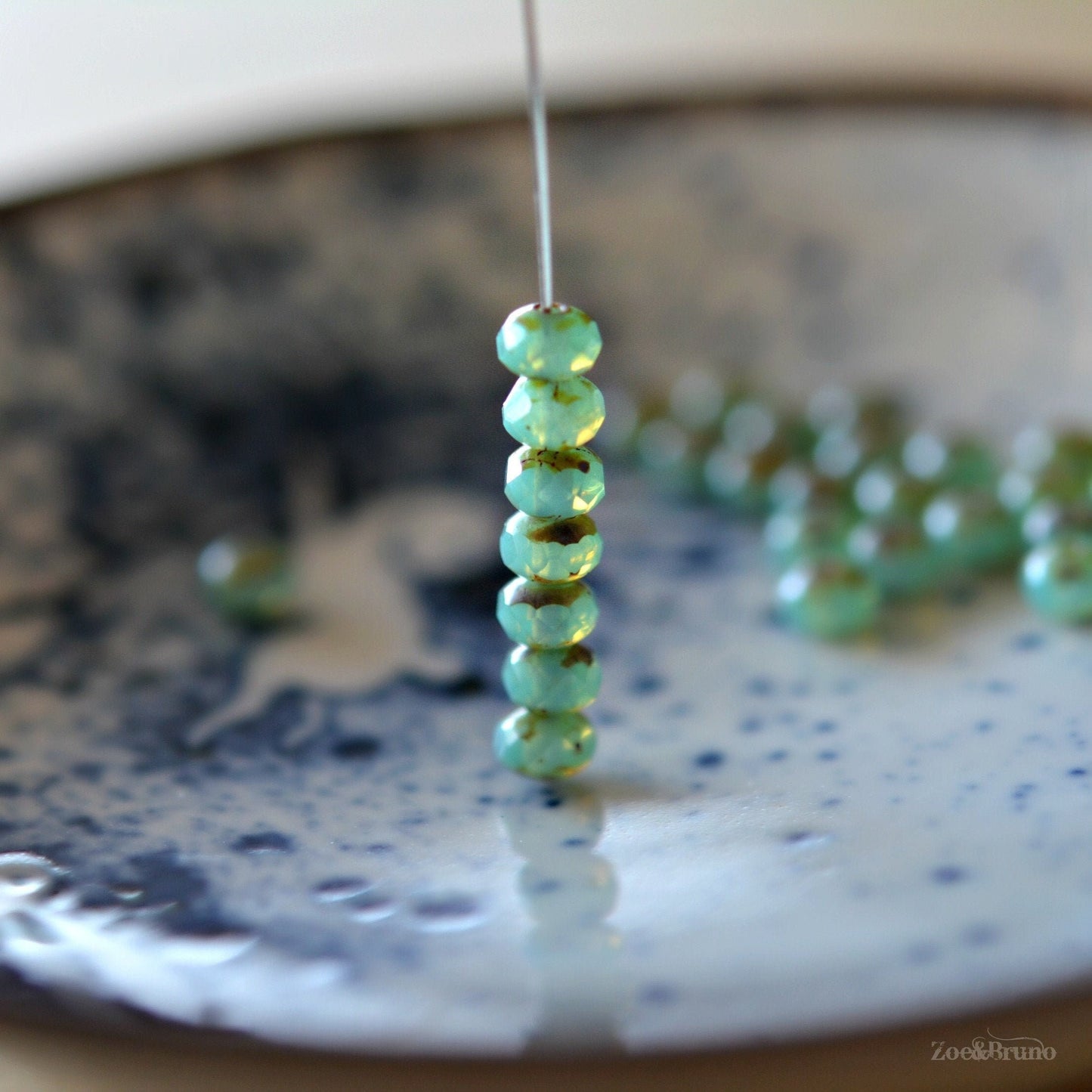15 Semi-Opaque Tea Green, Picasso Finish, Premium Czech Glass, Facet Rondelle Beads 5x7mm