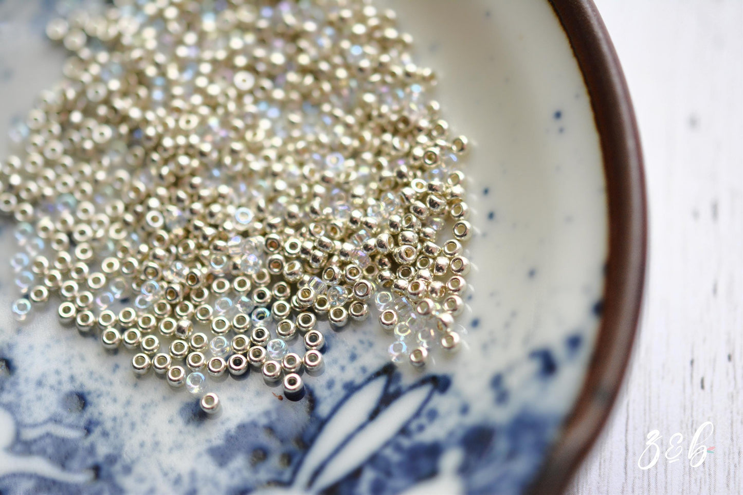 11/0 Premium Miyuki Japanese, Galvanized Silver, Clear AB Aurora Borealis, Round Seed Beads - 10 Grams