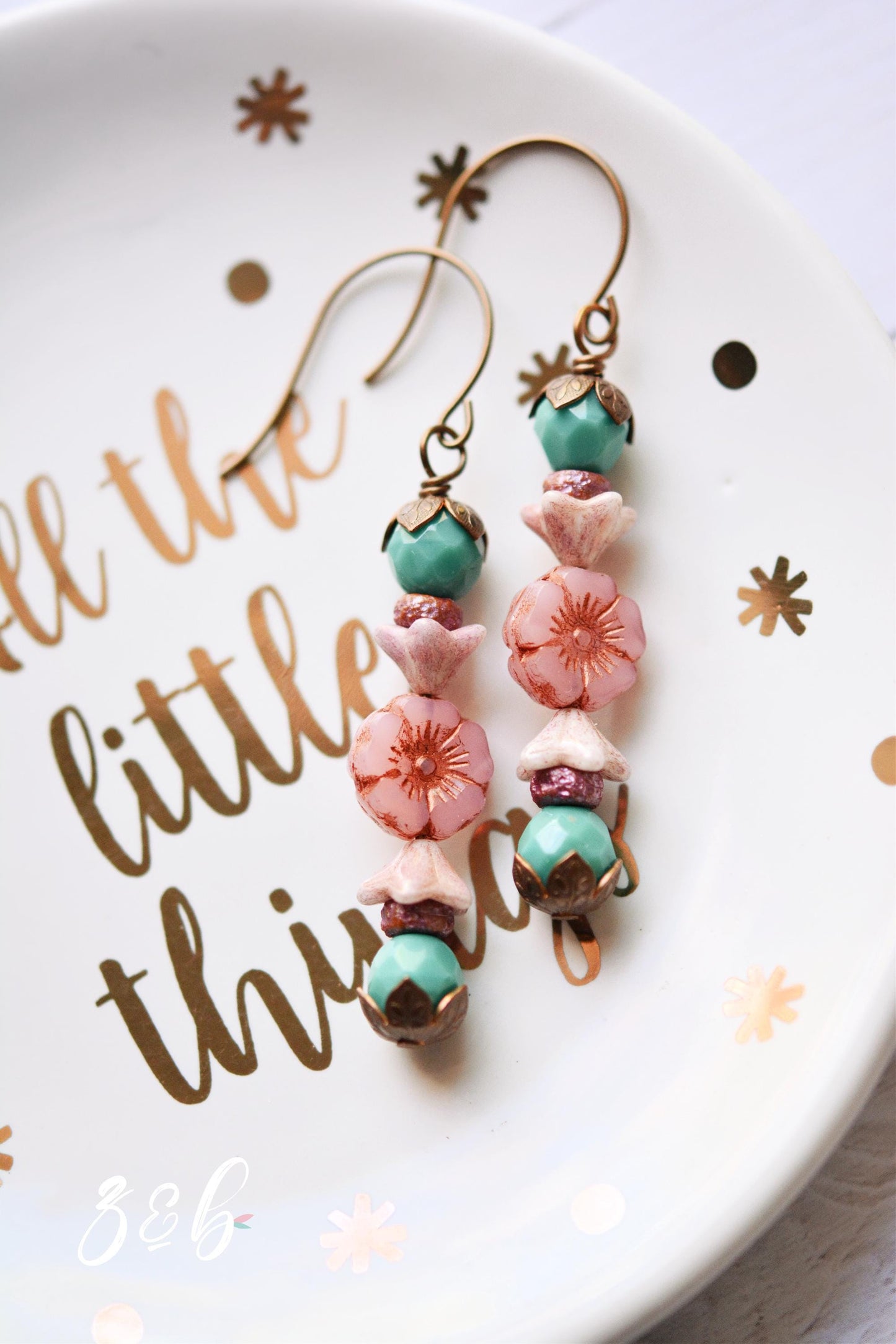 Handmade, Nickel + Lead Free Vintaj Brass, Czech Glass, Pink Flower, Turquoise, Spring Stack Earrings