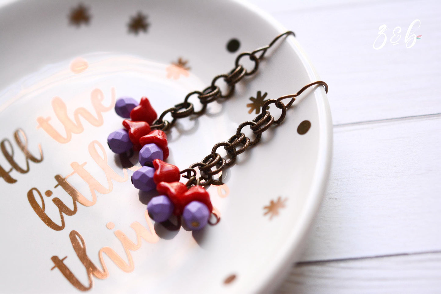 Handmade, Nickel + Lead Free Vintaj Brass, Czech Glass, Vintage Red Flowers, Purple Rounds, Chainmail Cluster Earrings