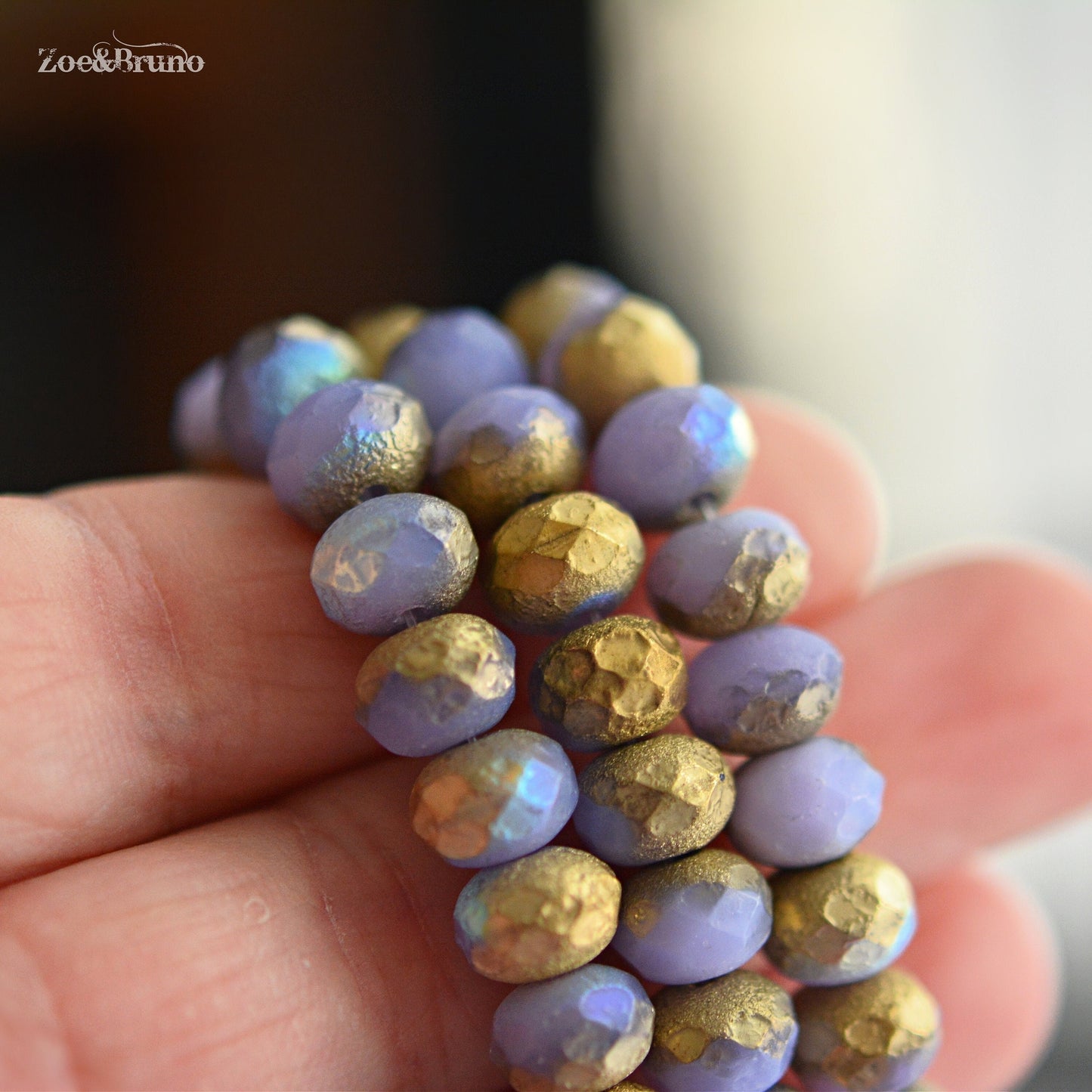 10 Semi-Opaque Etched Thistle Purple, Metallic Gold, AB Aurora Borealis Finish, Premium Czech Glass, Facet Rondelle Beads 6x8mm