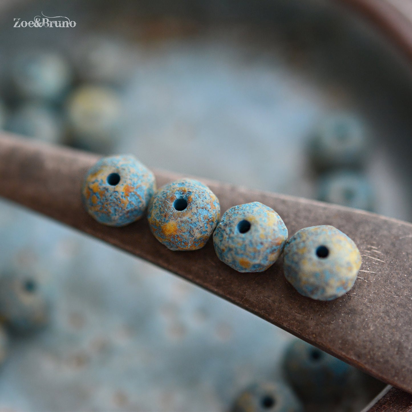 10 Opaque White, Picasso Finish, Etched Turquoise Wash, Premium Czech Glass, Facet Rondelle Beads 6x8mm.