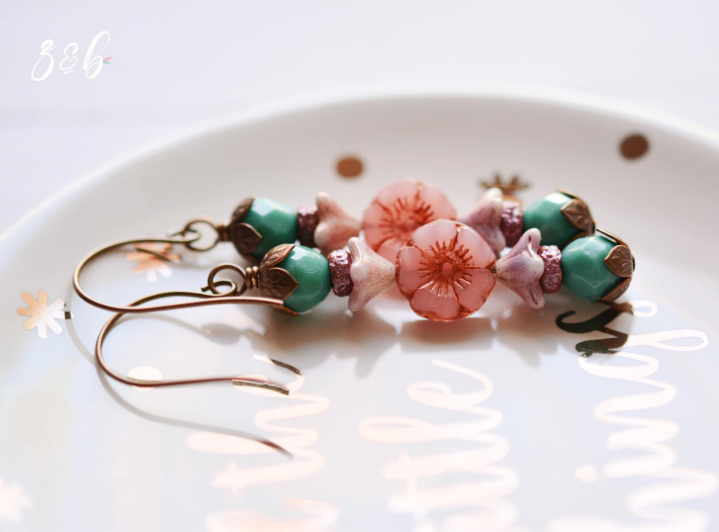 Handmade, Nickel + Lead Free Vintaj Brass, Czech Glass, Pink Flower, Turquoise, Spring Stack Earrings
