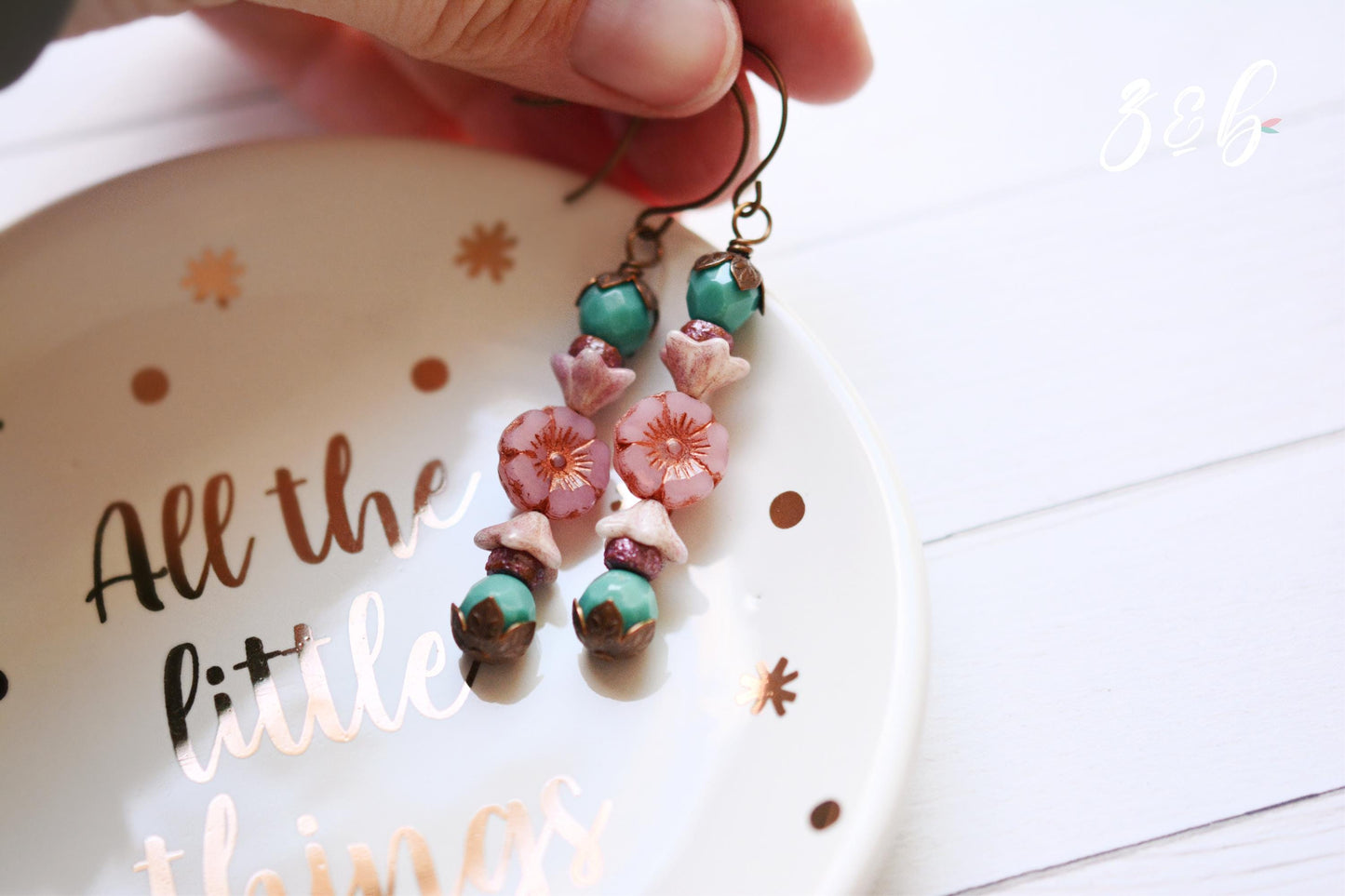 Handmade, Nickel + Lead Free Vintaj Brass, Czech Glass, Pink Flower, Turquoise, Spring Stack Earrings