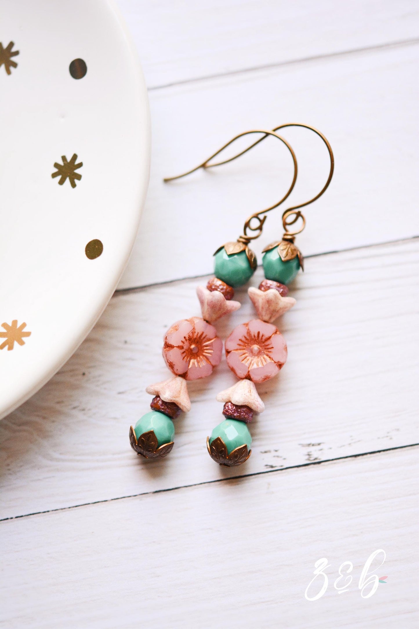 Handmade, Nickel + Lead Free Vintaj Brass, Czech Glass, Pink Flower, Turquoise, Spring Stack Earrings