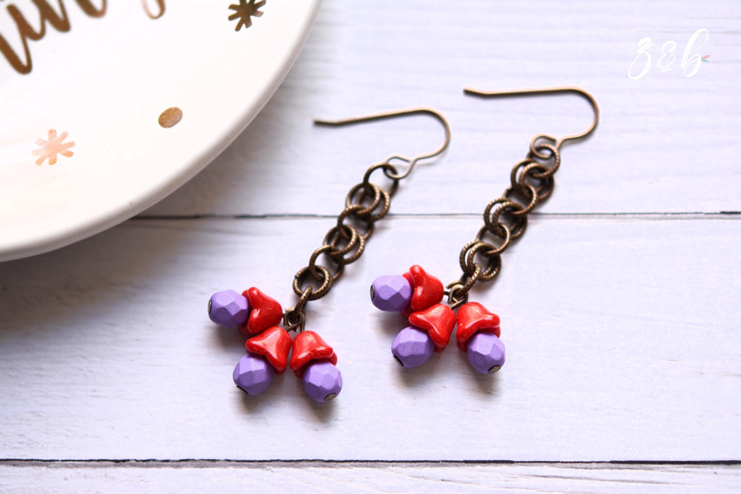 Handmade, Nickel + Lead Free Vintaj Brass, Czech Glass, Vintage Red Flowers, Purple Rounds, Chainmail Cluster Earrings