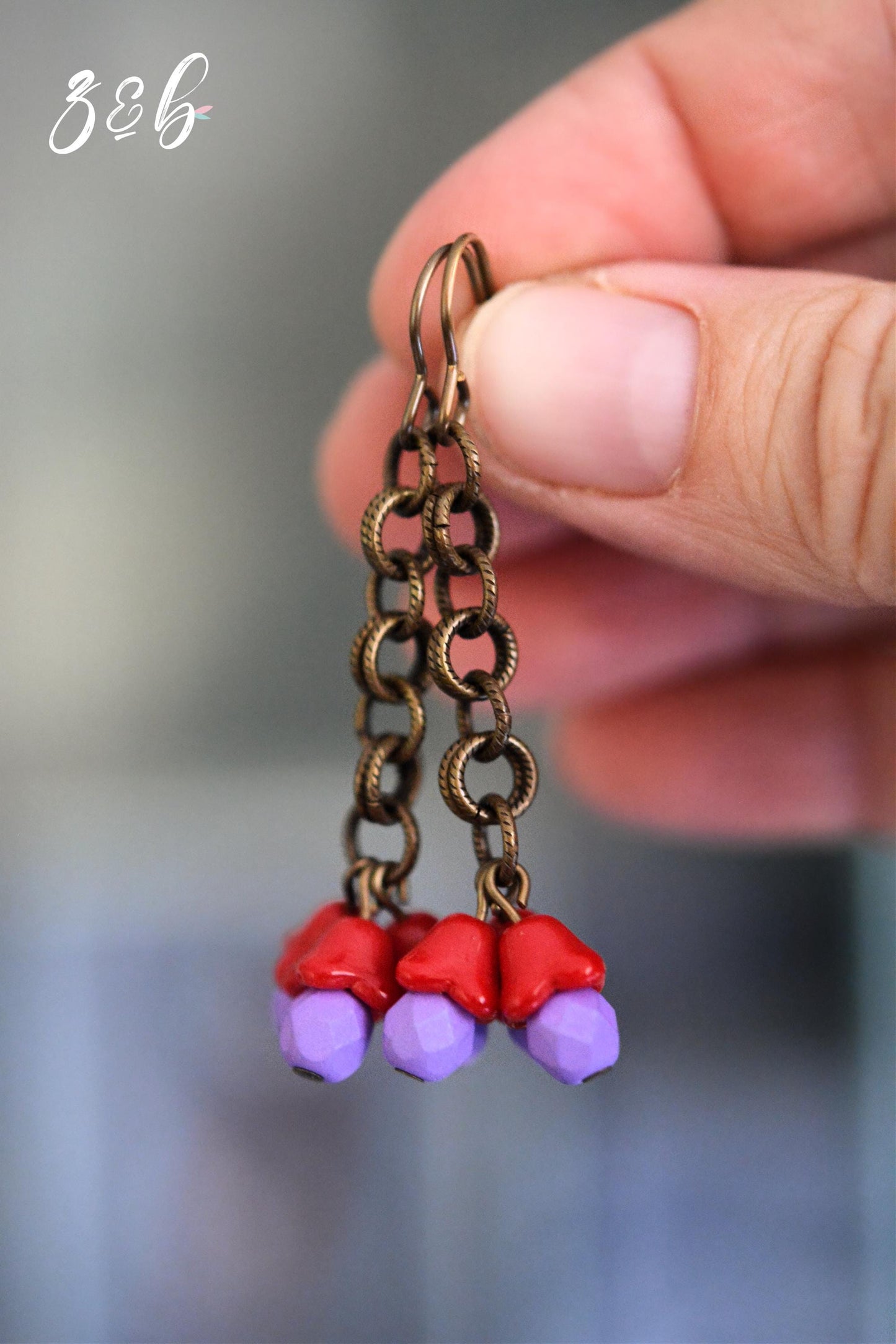 Handmade, Nickel + Lead Free Vintaj Brass, Czech Glass, Vintage Red Flowers, Purple Rounds, Chainmail Cluster Earrings