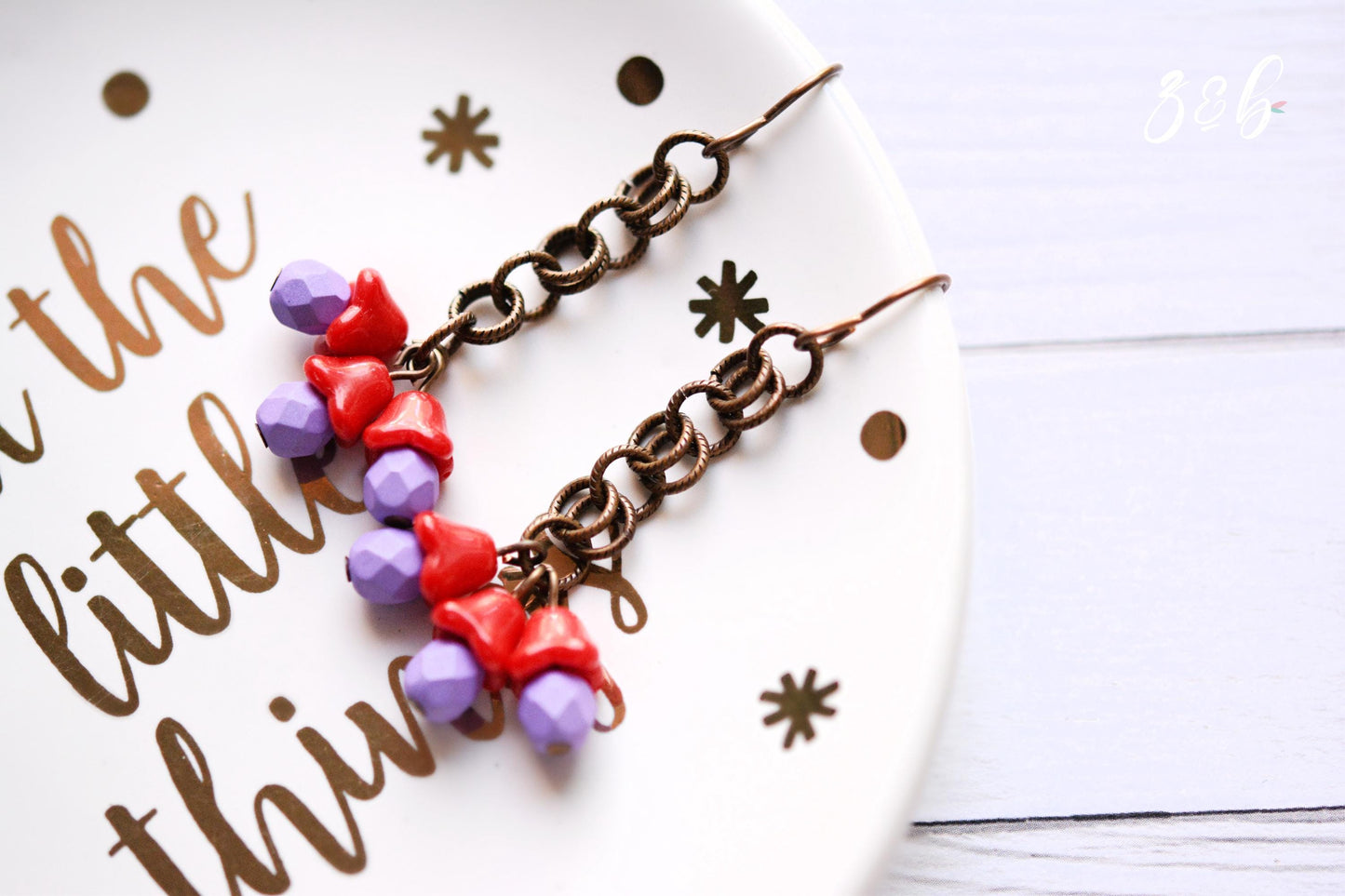 Handmade, Nickel + Lead Free Vintaj Brass, Czech Glass, Vintage Red Flowers, Purple Rounds, Chainmail Cluster Earrings