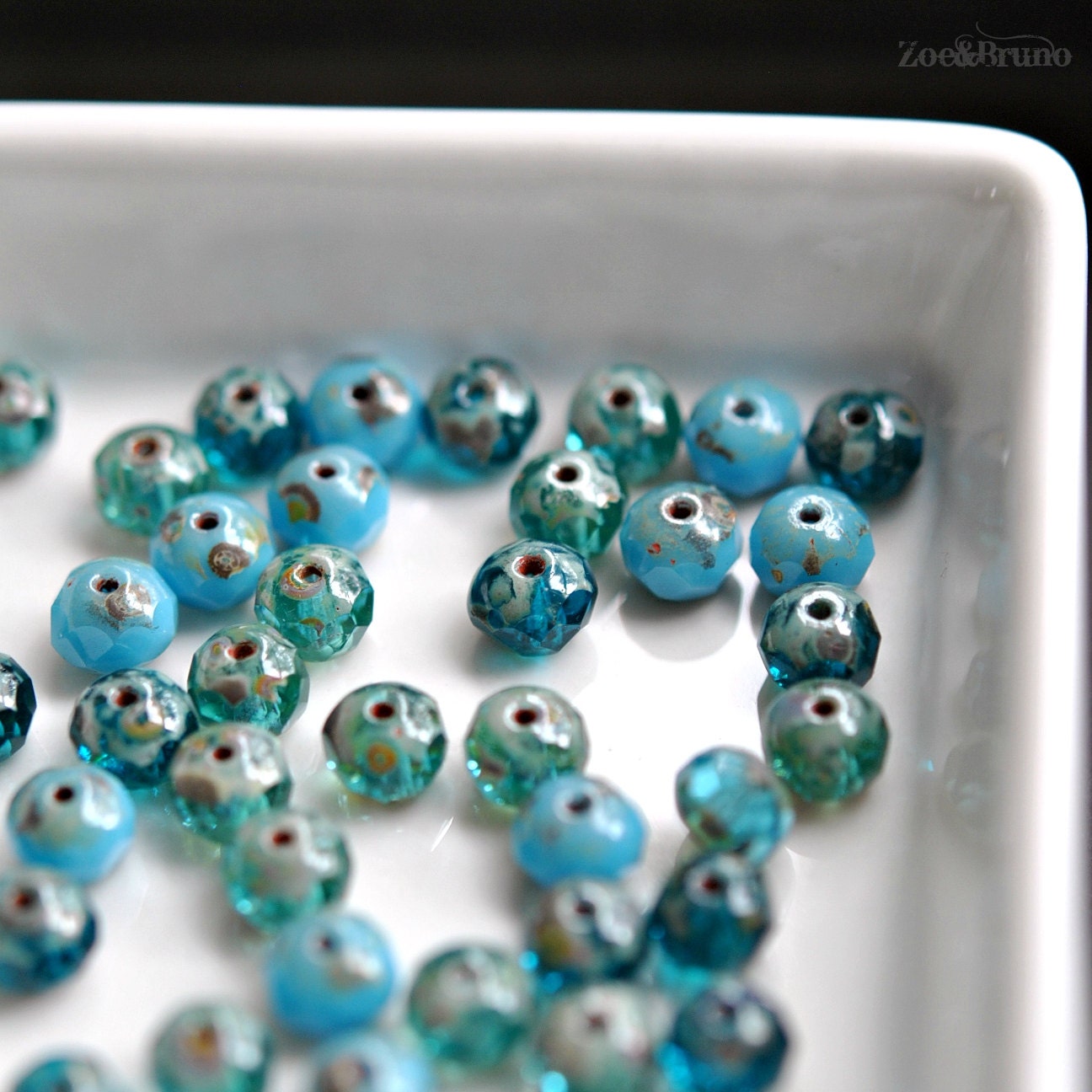 15 Transparent Aqua, Capri Blue, Opaque Baby Blue, Picasso Finish, Premium Czech Glass, Facet Rondelle Bead Mix 7x5mm