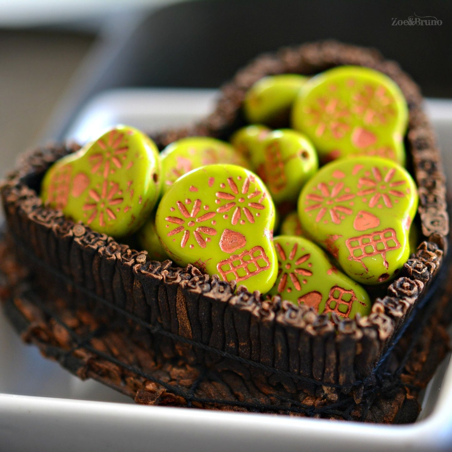 2 Opaque Gaspeite Green, Metallic Copper Wash, Premium Czech Glass, Sugar Skull Beads 20x17mm