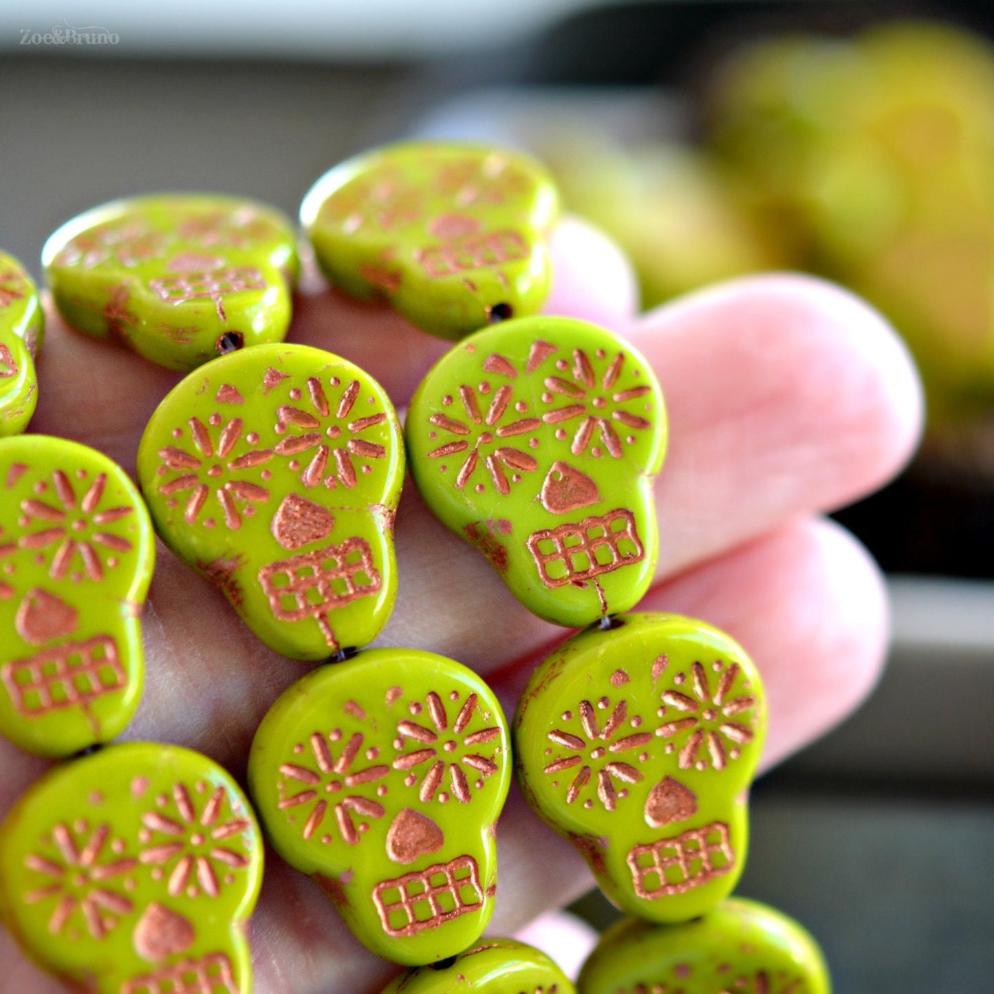 2 Opaque Gaspeite Green, Metallic Copper Wash, Premium Czech Glass, Sugar Skull Beads 20x17mm