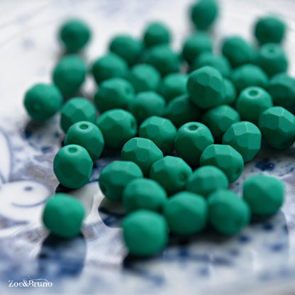 25 Opaque Matte Saturated Emerald, Premium Czech Glass, Fire-Polish, Facet Round Beads 6mm