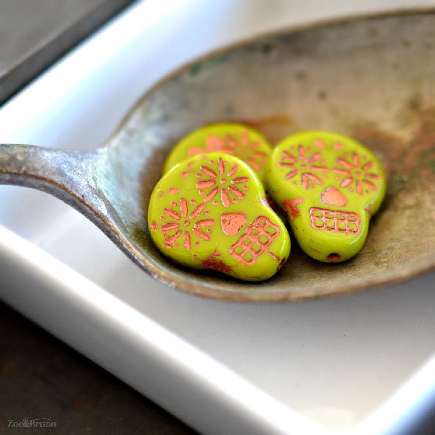 2 Opaque Gaspeite Green, Metallic Copper Wash, Premium Czech Glass, Sugar Skull Beads 20x17mm
