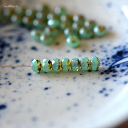15 Semi-Opaque Tea Green, Picasso Finish, Premium Czech Glass, Facet Rondelle Beads 5x7mm