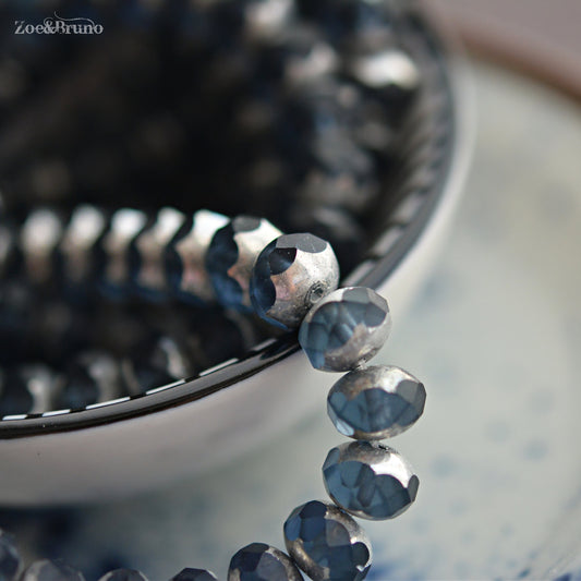10 Transparent Montana, Slate Blue, Metallic Silver Finish, Premium Czech Glass, Facet Rondelle Beads 6x8mm.