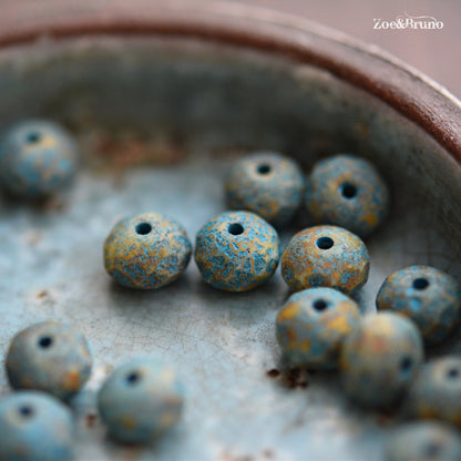 10 Opaque White, Picasso Finish, Etched Turquoise Wash, Premium Czech Glass, Facet Rondelle Beads 6x8mm.