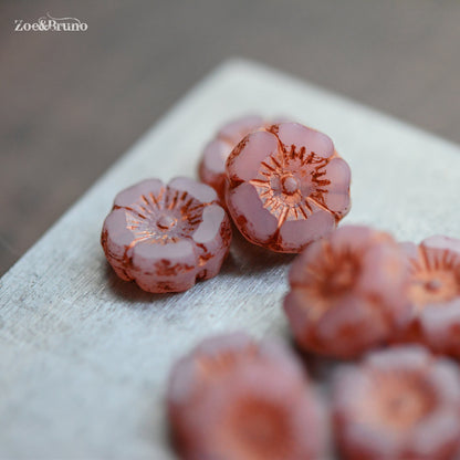 6 Semi-Opaque, Dusty Rose, Metallic Copper Wash, Premium Czech Glass, Hibiscus Flower Beads 12mm