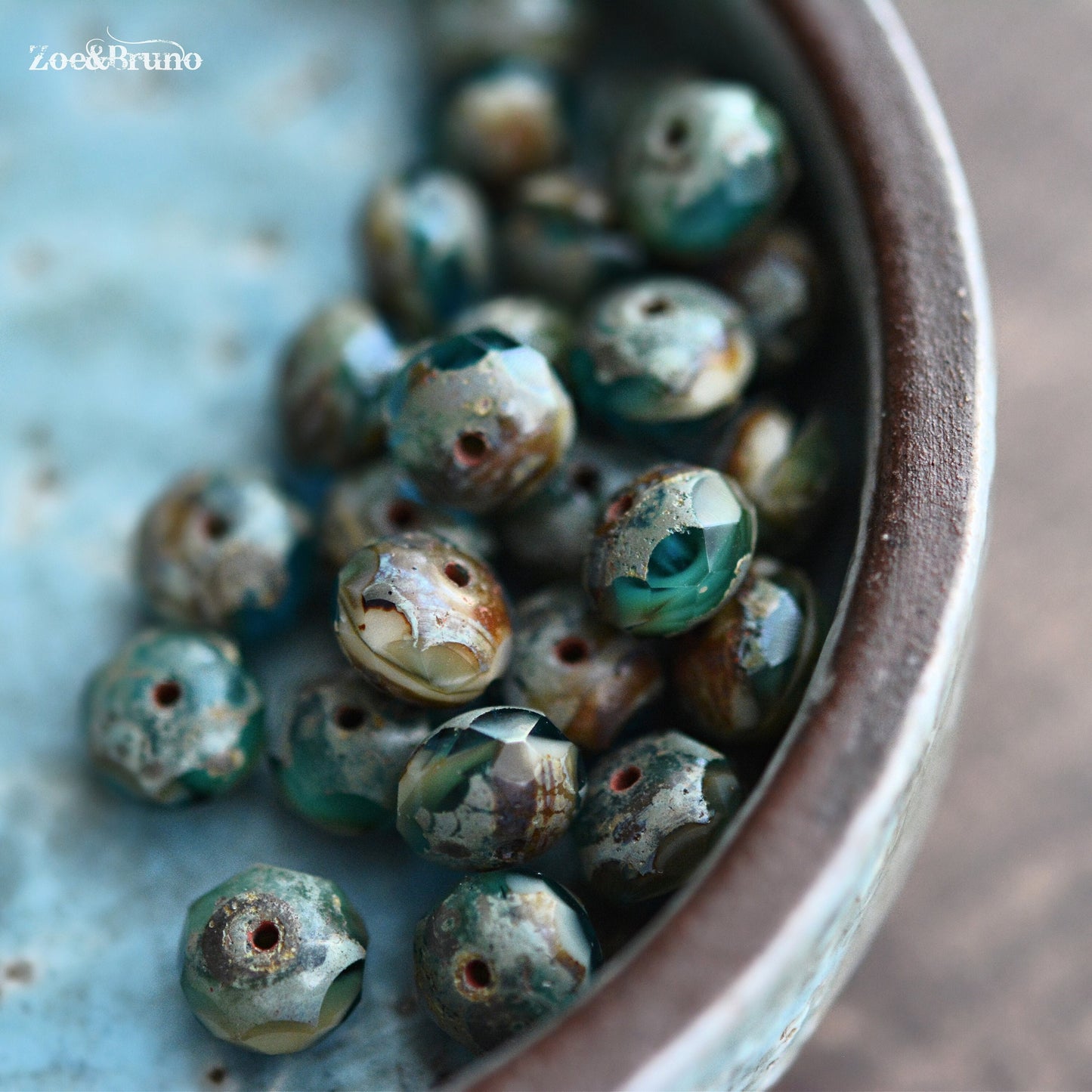 10 Transparent Pacific Blue, Sea Green, Opaque Beige, Picasso Finish, Premium Czech Glass, Facet Rondelle Beads 6x8mm