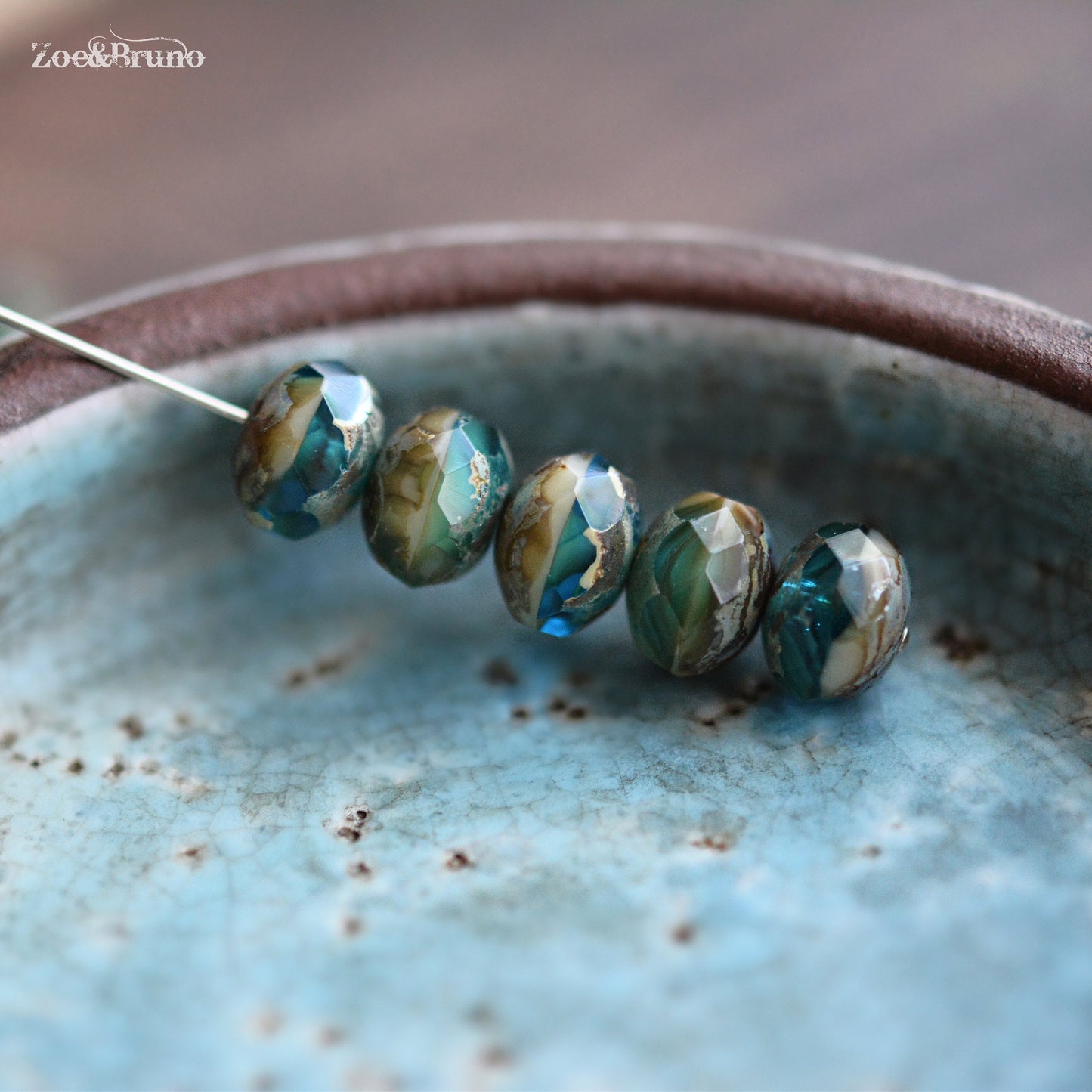 10 Transparent Pacific Blue, Sea Green, Opaque Beige, Picasso Finish, Premium Czech Glass, Facet Rondelle Beads 6x8mm