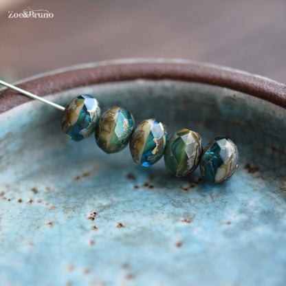 10 Transparent Pacific Blue, Sea Green, Opaque Beige, Picasso Finish, Premium Czech Glass, Facet Rondelle Beads 6x8mm