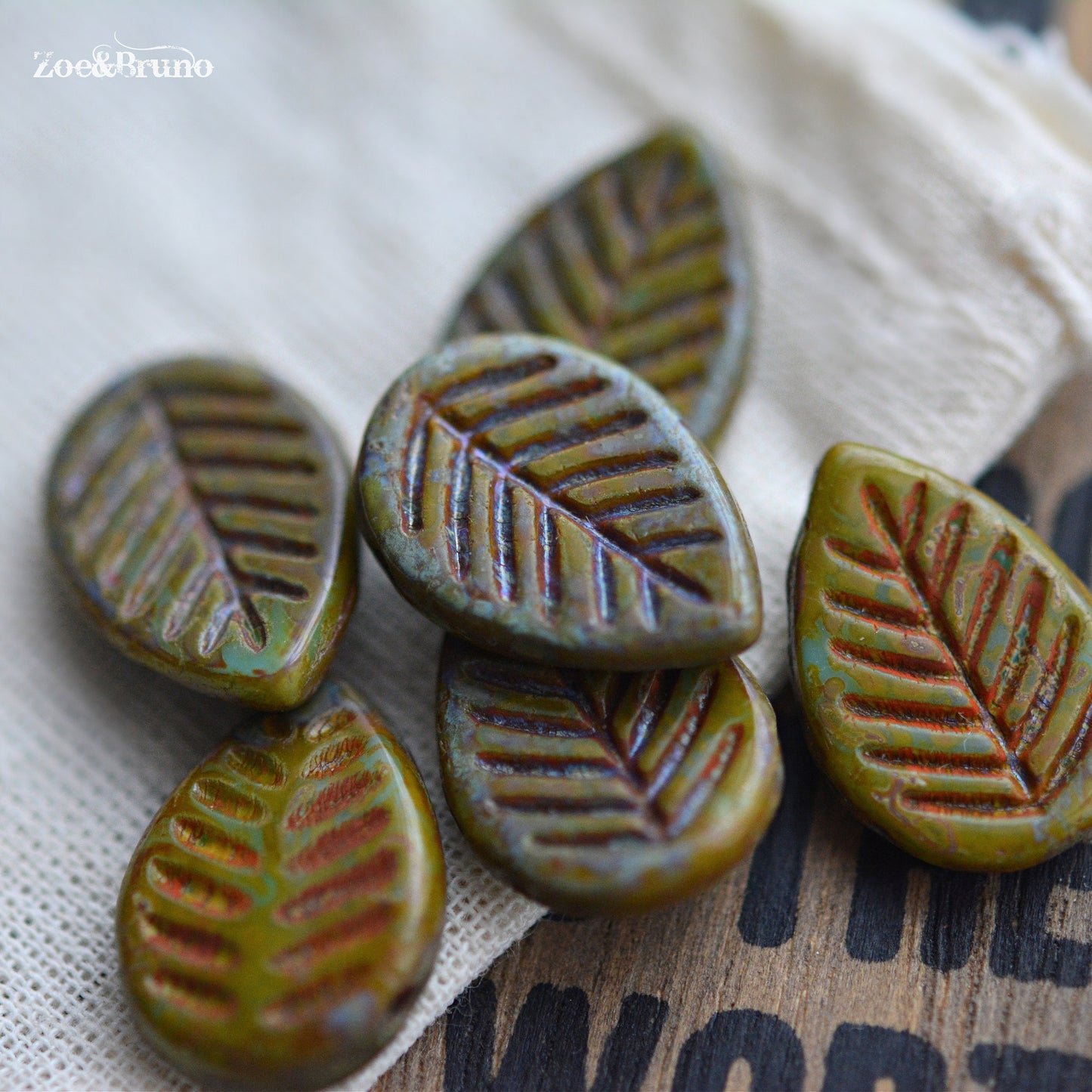 6 Opaque Artichoke, Olive Green, Coral Red Picasso Finish, Premium Czech Glass, Leaf Beads 12x16mm