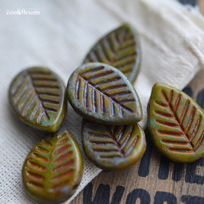 6 Opaque Artichoke, Olive Green, Coral Red Picasso Finish, Premium Czech Glass, Leaf Beads 12x16mm